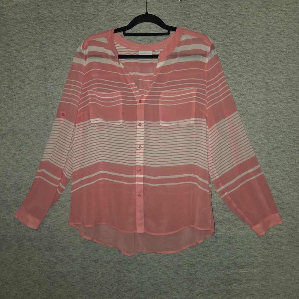New York & Company Blouse Women's XL Coral Striped Top Semi-Sheer Button Up